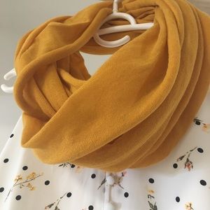 Mustard yellow knit infinity scarf.